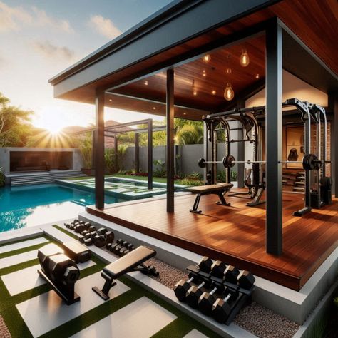 Create a backyard fitness haven with a custom gym and pool. Get inspired by these beautiful designs. #CustomGym #OutdoorWorkouts #PoolParty #SwimmingPool #PoolTime Summer House Gym, Home Gym Interior Design Ideas, Home Outdoor Gym, Home Gym Interior Design, Gym Interior Design Ideas, Home Gym Interior, Small Space Gym, Home Gym Design Ideas, Home Gym Design Luxury