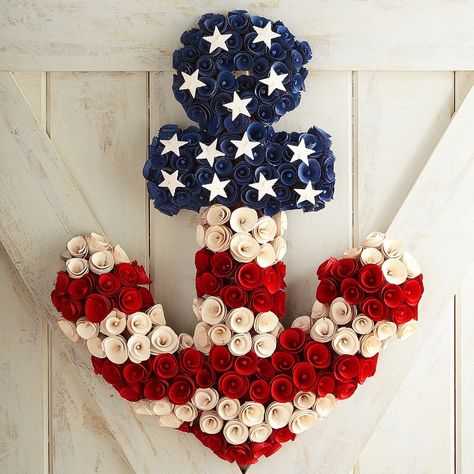 Patriotic Wood Curl Anchor Wreath Anchor Wreath, Red White Blue Decorations, Hanging Centerpiece, Patriotic Crafts, Blue Wreath, Dollar Tree Diy Crafts, Wreath Decoration, Hanging Wreath, 4th Of July Decorations