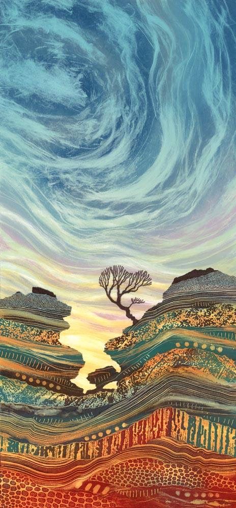 Keep me hanging on... Rebecca Vincent... Amazing use of color and always those awesome trees!! Rebecca Vincent, Vincent Art, Landscape Quilts, Colorful Landscape, Aboriginal Art, Greetings Cards, Art Plastique, Fabric Art, Limited Edition Prints