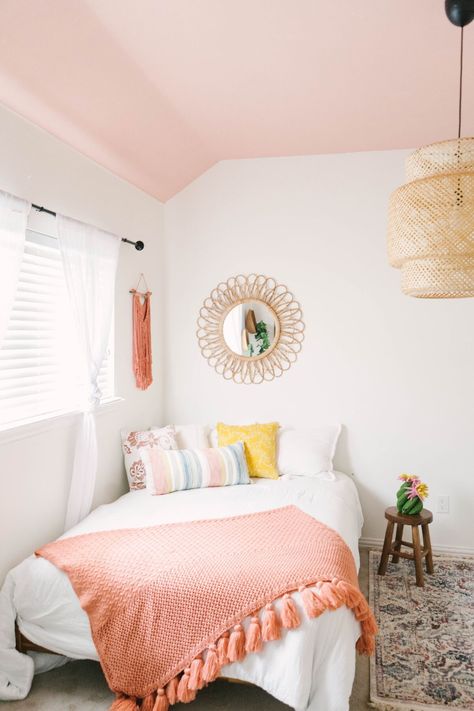 Blush and Coral Baby Girls Room - Boho Kids Room - Pink Ceiling - Ceiling Accent Wall - Vintage and Boho - Girls Bedroom - Platform Bed - Cane Chandelier - Ikea Chandelier - Rug Layered on Carpet - White Wall Pink Ceiling Vintage Girls Rooms, Coral Bedroom, Boho Kids Room, Boho Room, Girl Bedroom Decor, Pink Kids, Room Inspiration Bedroom, Room Ideas Bedroom, Baby Room Decor