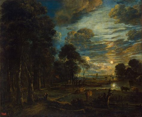 https://flic.kr/p/a79wUg | Aert van der Neer - Night Landscape with a River [c.1650] | Aert van der Neer (Amsterdam, 1603 – Amsterdam, 1677) was a Dutch painter. A master at representing light, Aert van der Neer painted moonlit river views that embody the principles of Dutch landscape painting in the 1600s. Those principles included isolated figures on meandering paths that cut through a wooded forest, and cloud-filled skies. Van der Neer used a restricted palette of earthy colours and, like... Turner Painting, Moonlight Painting, Childe Hassam, River Painting, Hermitage Museum, Dutch Golden Age, Night Landscape, Dutch Painters, Happy Paintings