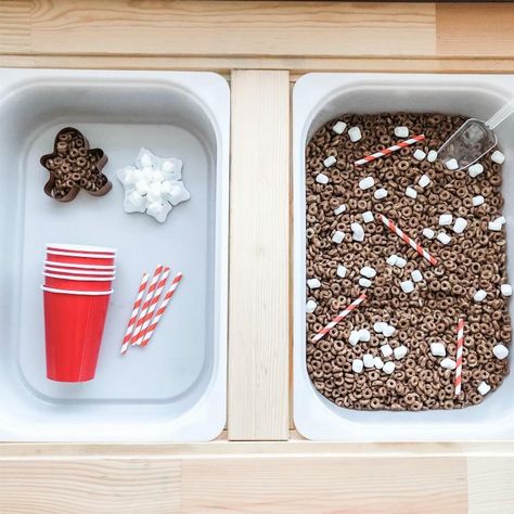 Hot Cocoa Sensory Bin, Ikea Flisat Table, Christmas Sensory, Table Activities, Flisat Table, Christmas Activities For Toddlers, Ikea Flisat, Toddler Sensory Bins, Sensory Activities Toddlers