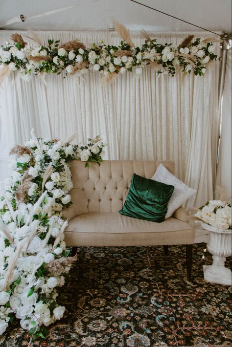 Green And White Nikkah Decor, Rokha Decor At Home, Rokha Decor, Pink Backdrop Ideas, Roka Decor, Roka Outfits, Engagement Decorations Indian, Grey Sofa Decor, 25th Anniversary Decorations