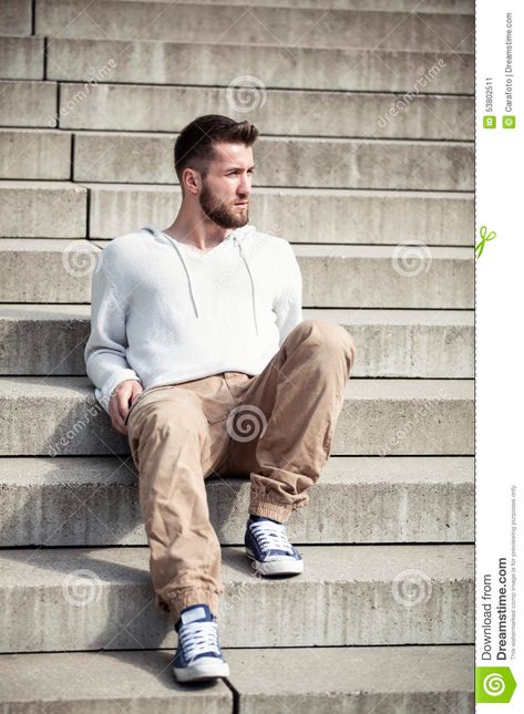 Attractive Man Sitting on Stairs Stock Image - Image of stairs, clothing: 53802511 Stair Poses Men, Sitting On Stairs Reference, Person Sitting On Stairs, People Sitting On Stairs, Artblock Help, Man Sitting On Stairs, Stairs Photography, Sitting On Stairs, How To Draw Stairs