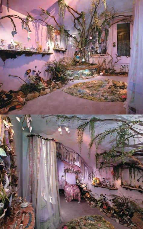 Fairy Cottage Aesthetic Room, Houses In The Forest Aesthetic, Magical Forest Bedroom Aesthetic, Room Ideas Fantasy Aesthetic, Dark Royalcore Bedroom, Fairy Aesthetic House Decor, Magical Fairy Bedroom, Fairy Decor Aesthetic, Fairy Rooms Bedrooms