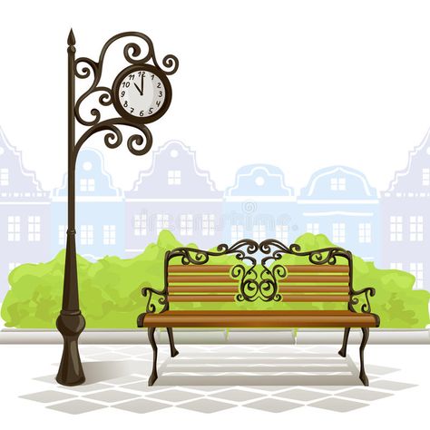 Bench, street clock, old town. Vector illustration stock illustration Bench Illustration, Clock Old, Bed Sheet Painting Design, Valentine's Day Illustration, Architecture Graphics, Diy Sofa, Home Design Ideas, Stock Photography Free, Cool House Designs