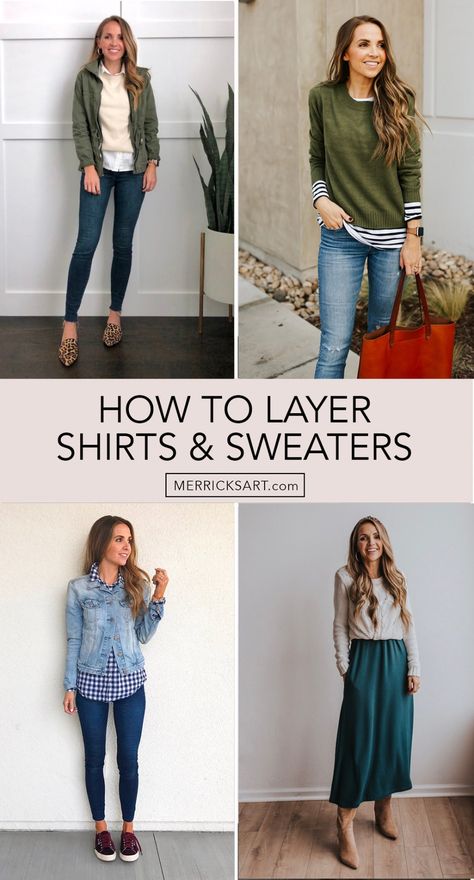 How to Style It: Layering Shirts and Sweaters - Merrick's Art Flannel Shirt Under Sweater, Winter Shirt Outfit Women, How To Layer Over A Dress, Layering Clothes For Fall, How To Layer Your Clothes, How To Layer A Sweater, How To Layer Sweaters, How To Layer An Outfit, How To Layer For Fall