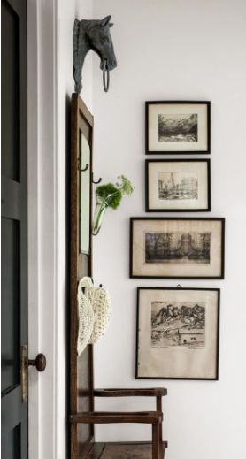 Simple vertical gallery: use one wider pic near the bottom. Tall Narrow Gallery Wall, 3 Vertical Picture Frames On Wall, Vertical Photo Wall Display, Horizontal And Vertical Picture Wall, Vertical Picture Wall Ideas, Narrow Wall Decor Ideas, Hallway Picture Display, Baltimore House, Hallway Pictures