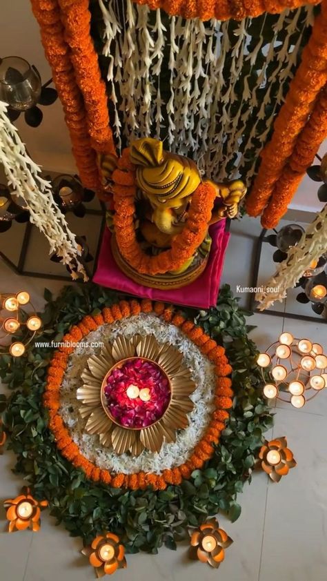 Diwali Home Decor Ideas, Flower Decoration For Ganpati, Eco Friendly Ganpati Decoration, Diwali Home Decor, Ganesh Decoration, Long Anarkali Gown, Brass Diyas, Brown Eyes Aesthetic, Mandir Decoration