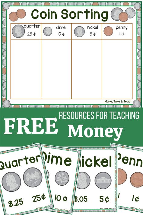 Be sure to visit our blog and download these free coin posters and coin sorting template. Perfect resources for learning coins and their values! Ideal for kindergarten math centers. Coin Worksheets, Teaching Coins, Money Kindergarten, Coin Sorting, Learning Money, Teaching Money, Money Activities, Money Math, Money Worksheets