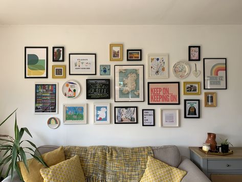 Photo Wall Layout Templates, Picture Wall Corner, Gallery Wall With Picture Ledges, Eclectic Collage Wall, Framed Collage Wall, Big Picture Wall Ideas, Corner Picture Wall, Corner Photo Gallery Wall, Over Sofa Wall Decor Ideas