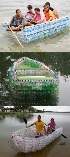 plastic bottle boats maybe make with the boys this summer Empty Plastic Bottles, Plastic Bottle Art, Plastic Recycling, Plastic Bottle Crafts, Recycled Projects, Reduce Reuse Recycle, Upcycle Recycle, Diy Recycle, Garden Decorations