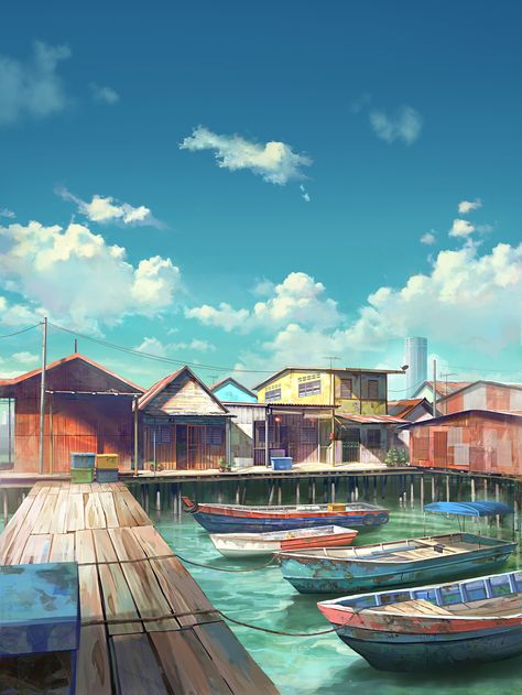 Astro The Journey on Behance Fisherman Village, Anime Places, Fantasy Art Landscapes, Animation Background, Environment Design, Environment Concept Art, Anime Scenery Wallpaper, Environmental Art, Fantasy Landscape