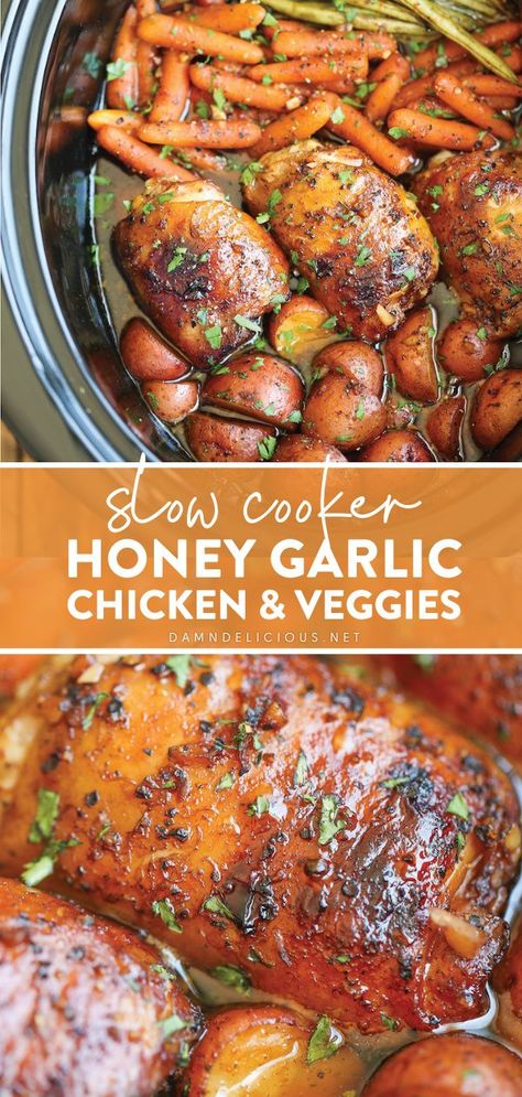 This slow cooker recipe is great to have on hand! Simply throw everything in the crockpot for the easiest one-pot meal ever. No cooking, no sautéing needed! Plus, you will love how these chicken thighs and veggies are packed full of honey garlic flavor! Save this pin! Honey Garlic Chicken And Veggies, Slow Cooker Honey Garlic Chicken, Resep Makanan Beku, Resep Vegan, Veggies Recipes, Chicken And Veggies, No Cooking, Honey Garlic Chicken, Crock Pot Slow Cooker