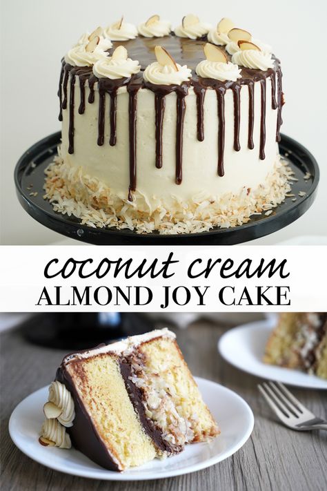 Nuts Cake Decoration, Almond Joy Desserts, Coconut Cake Christmas, Almond Joy Cake Recipe, Gourmet Cake Ideas, Coconut Birthday Cake Ideas, Creative Cake Recipes, Orange Almond Poppyseed Cake, Almond Cake Decoration