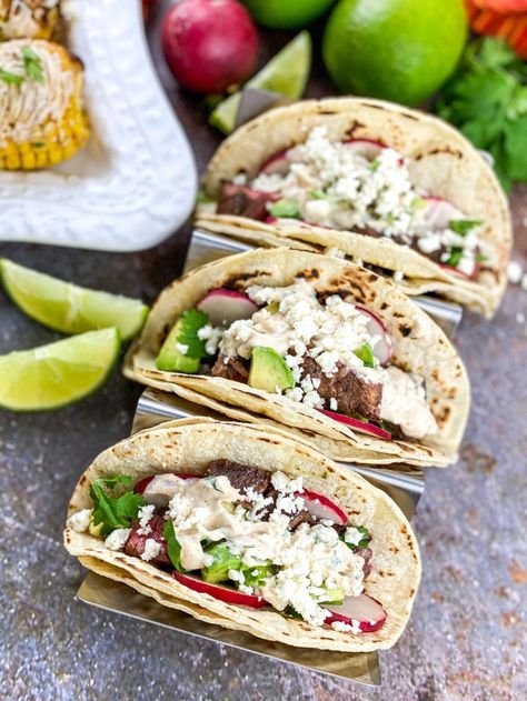 Steak Street Tacos, Street Tacos Recipe, Seasoned Sour Cream, Broiled Steak, Easy Steak, Healthy Recipes For Diabetics, Street Tacos, Grilled Beef, Steak Seasoning