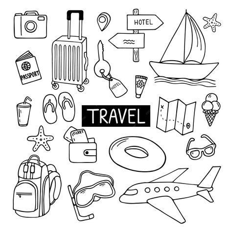 Premium Vector | Hand drawn set of travel doodle tourism and summer adventure Travel Doodles Simple, Travel Doodle Art, Doodle Travel, Travel Clip Art, Travel Doodle, Travel Table, Travel Doodles, Travel Clipart, Travel Collage