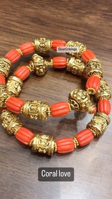 Coral Bangles Gold Indian, Pagadala Mala, Coral Bangles, Pearl Bangles Gold, Traditional Closet, Beads Bangles, Coral Jewelry Vintage, Antique Necklace Gold, Coral Jewelry Set