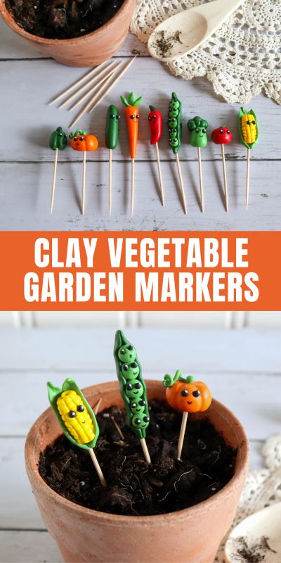 Oven Baked Clay Ideas, Oven Bake Clay Ideas, Easy Clay Crafts, Clay Craft Ideas, Polymer Clay Ideas, Vegetable Garden Markers, Polymer Clay Craft, Clay Garden, Easy Polymer Clay