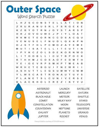 When your kids need a break from the daily doldrums of life here on Earth, hand them this Outer Space Word Search Puzzle, featuring words like Asteroid, Countdown, and Telescope. Perfect for a rainy day or any day! Space Related Activities For Kids, Space Day Activities, Space Word Search, Space Puzzle, Word Puzzles For Kids, Solar System Activities, Space Day, Free Word Search Puzzles, Space Activities For Kids