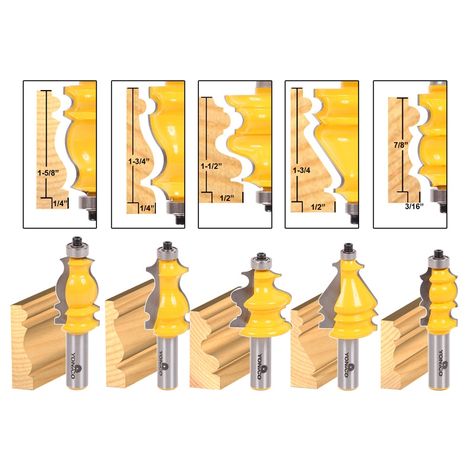 Router Bit Sets :: Molding Sets :: 5 Bit Casing & Base Molding Router Bit Set - 1/2" Shank - Yonico 16501 Woodworking Router Bits, Base Molding, Woodworking Table Saw, Used Woodworking Tools, Woodworking Saws, Trim Router, Woodworking Logo, Base Moulding, Woodworking Toys