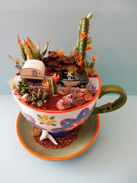 Teacup Miniatures, Teacup Diorama, Fairy Teacup Garden, Fairy Teacup, Dirt Cup, Cup And Saucer Crafts, Unique Homemade Gifts, Mini Verse, Tea Cup Art