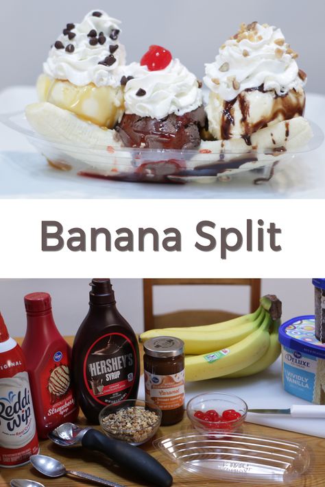 Diy Banana Split, How To Make Banana Split, Banana Split Homemade Ice Cream, Banana Split Ingredients, Banana Split Dessert Ice Cream, Banana Splits, Easy Banana Split Dessert, Healthy Banana Split Dessert, Classic Banana Split