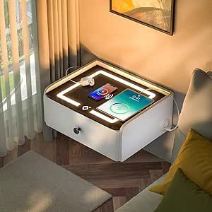 Smart Nightstand Floating Bedside Table LED Nightstand with Charging Smart Nightstand Bedroom Options for Young People.White Floating Nightstand Bedroom, Nightstand Floating, Smart Nightstand, Led Nightstand, Wall Mounted Bedside Table, Amazon Gadget, Nightstand Bedroom, Floating Bedside Table, Bedside Stands