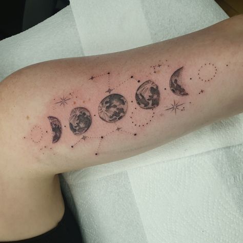 Moon Phase And Constellation Tattoo, Phases Of The Moon Tattoo Forearm, Floral Moon Phases Tattoo, Moon Phases Tattoo Arm, Moon Arm Tattoo, Lunar Cycle Tattoo, Phases Of The Moon Tattoo, Moon Cycle Tattoo, Taurus Constellation Tattoo