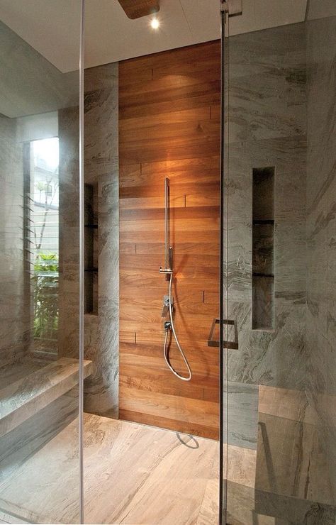 Wood Tile Shower, Gray Shower Tile, Wood Tile Bathroom, Trendy Bathroom Tiles, Grey Bathroom Tiles, New Bathroom Ideas, Shower Niche, Bathroom Shower Tile, Bathroom Ideas Modern