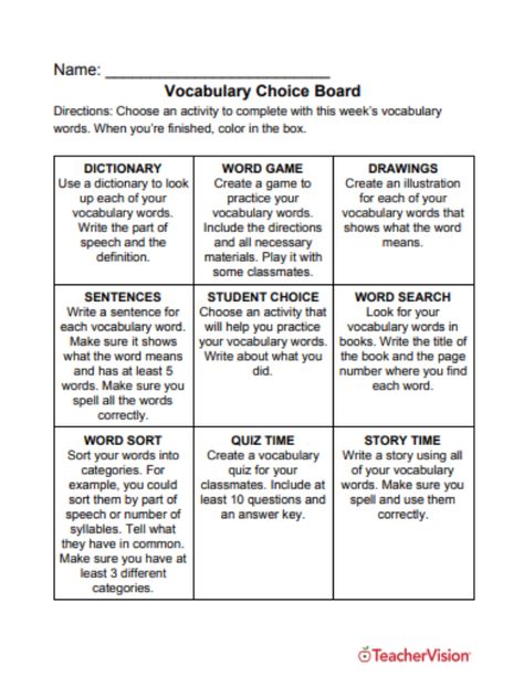 Ways To Practice Vocabulary Words, Grammar Choice Board, How To Learn Vocabulary, Vocabulary Games For Middle School, Vocabulary Homework, Vocabulary Choice Board, Esl Materials, 3rd Grade Words, Early Finisher Activities