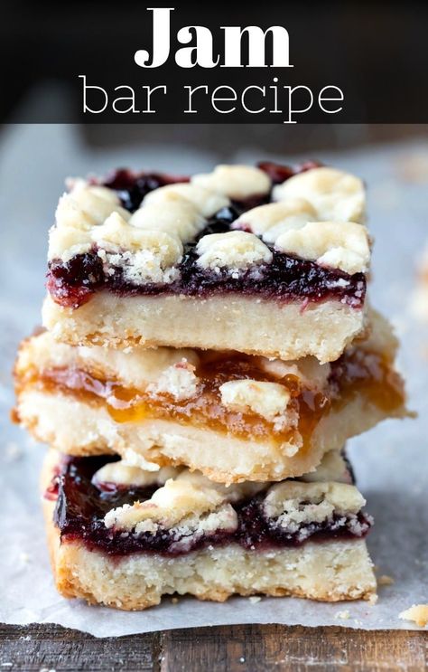 Jam bar recipe - a layer of sweet jam in between melt-in-your-mouth shortbread layers. Jelly Bars Recipe, Recipe Using Jam, Jam Bar, Jam Bars, Sandwich Bar, Shortbread Bars, Dessert Bar Recipe, Pie Bars, Bar Recipe