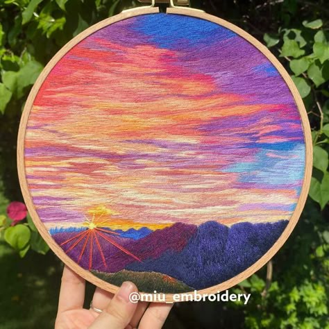 Colorful Sunset, 1 Strand On 8” Hoop Sunset Embroidery Pattern, Colonial Embroidery, Embroidered Sunset, Sunrise Embroidery, Crochet Diys, Ombre Embroidery, Sunset Embroidery, Watercolor Embroidery, Nature Embroidery