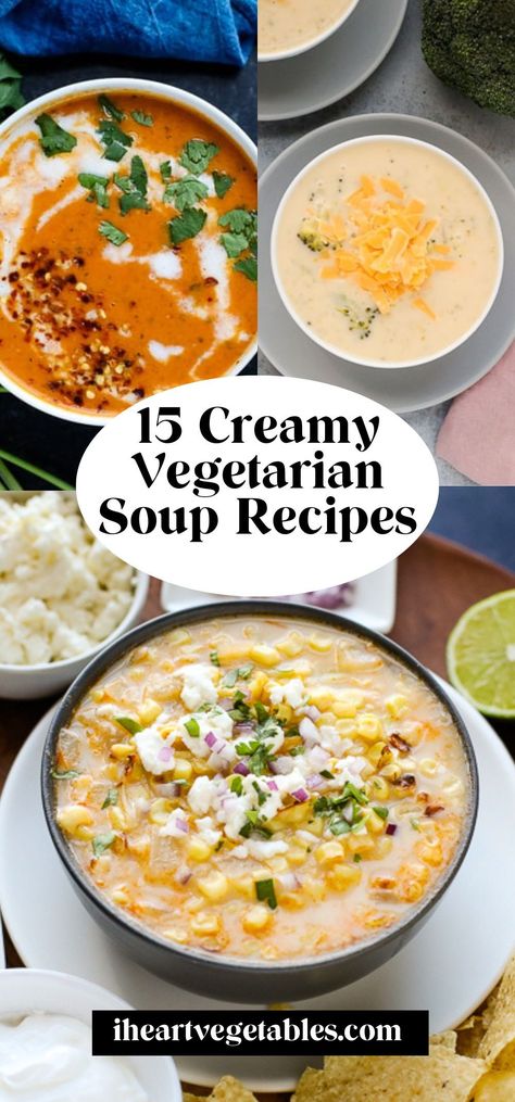 If you’re looking for creamy vegetarian soup recipes, here are 15 delicious ideas to tempt your tastebuds! All of these satisfying recipes are meat free but packed with flavor. They’re easy to make with ingredients you probably already have in your pantry and some of these recipes can be made vegan! Vegetarian Tomato Soup, White Bean Chili Vegetarian, Meatless Soups, Vegetarian Tortilla Soup, Satisfying Recipes, Soup Recipes Healthy Vegetarian, Cheesy Cauliflower Soup, Taco Side Dishes, Potato Soup Easy