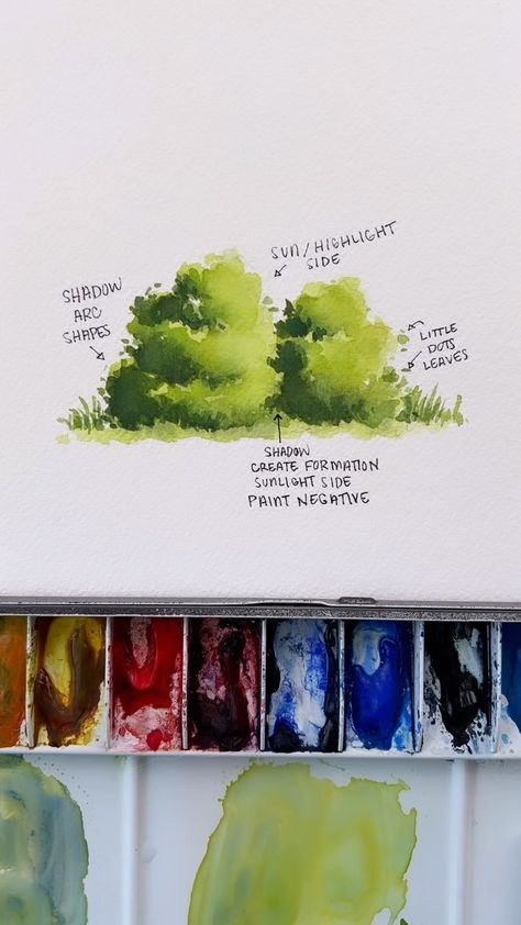 Mallery Marsh | A simple way to draw and watercolor bushes! Ready to learn how to Watercolor?! Join me in my watercolor courses with prerecorded lessons… | Instagram Water Paint Landscape, Watercolor Inspo Landscape, Watercolor Bushes Trees, How To Watercolor Leaves, Watercolor Shrubs, Watercolor Sketches Simple, Watercolor Tutorial Landscape, How To Watercolor Water, Watercolour Art Tutorial