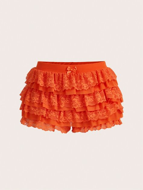 Summer  Women Coquette Balletcore  Sweet Bow Kawaii Mesh Contrast Lace Ruffle Trim Low Waist  Micro Mini Shorts Summer Shorts Halloween Clothes Orange Casual   Knitted Fabric Plain Skort Medium Stretch  Women Clothing, size features are:Bust: ,Length: ,Sleeve Length: Fluffy Shorts, Orange Bottoms, Ruffled Shorts, Frill Shorts, Halloween Clothes, Short Women Fashion, Micro Skirt, Ruffle Mini Skirt, Halloween Orange