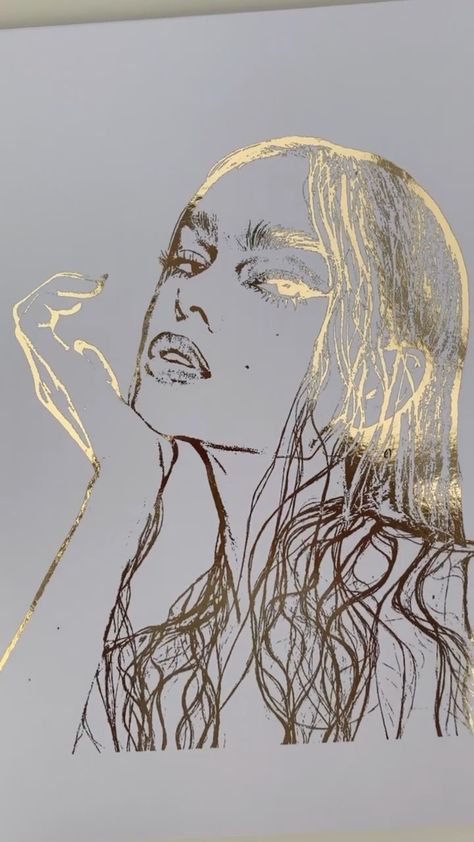 Golden Portrait, Gold Jewelry Drawing, Foil Decor, Silver Artwork, Gold Drawing, Handmade Portrait, Gold Foil Art, Golden Painting, Artist Sketches