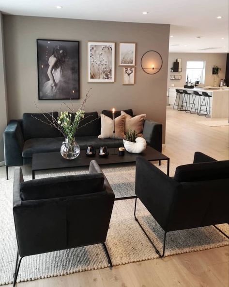 Open Concept Living Room, Black Living Room, Small Living Room Decor, Living Room Design Decor, Apartment Decor Inspiration, Home Decor Idea, Living Room Decor Apartment, Contemporary Living Room, Living Room Inspo