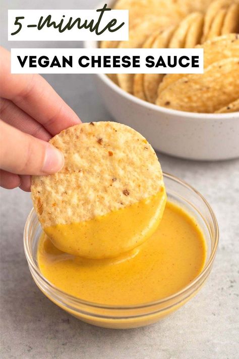 5-minute vegan cheese sauce made with just 8 ingredients - no blending necessary. Nut-free, gluten-free, and soy-free! Use as a dip, a sauce for mac & cheese, or drizzled on vegetables. Easy Vegan Cheese Sauce, Easy Vegan Cheese, Vegan Cheese Sauce Recipe, Vegan Nachos Cheese, Best Vegan Cheese, Nutritional Yeast Recipes, Vegan Nachos, Vegan Cheese Recipes, Vegan Cheese Sauce