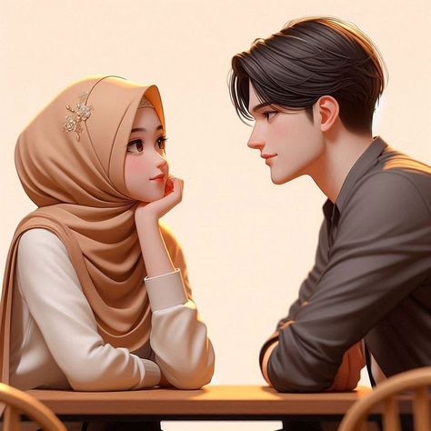 Couple Islami Aesthetic, Muslim Couple Dp, Wp Couple, Cute Hijab Cartoon Wallpaper, Characters From Movies, Illustration Couple, Muslim Art, Disney Cuties, Anime D