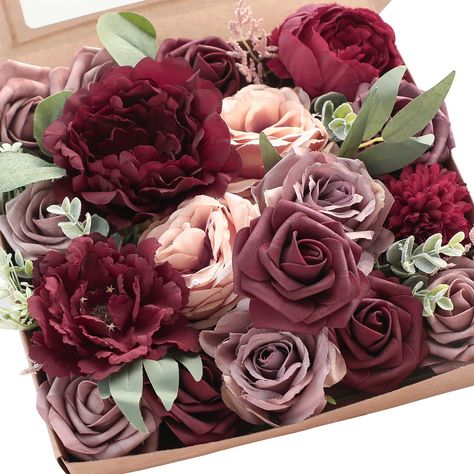 PRICES MAY VARY. ❤️ Floral Set: This set features a diverse mix of handcrafted flowers, including various types and colors of silk and foam blossoms, as well as greenery. Ideal for bridal and bridesmaid bouquets, floral arrangements, table centerpieces, and more. ❤️ Package Details: Includes silk flowers with burgundy peonies, burgundy dahlias, dusty rose and burgundy roses; foam flowers feature dusty rose and burgundy roses. Also contains eucalyptus leaves as accessories. ❤️ Easy to DIY: Each f Burgundy And Eggplant Wedding, Purple Red And Gold Party Decorations, Burgundy Dusty Rose Gold Wedding, Greenery Table Setting Wedding, Ruby Wedding Anniversary Decorations, Rose Gold And Burgundy Party, Burgundy Table Setting Wedding, Burgundy Centerpiece Wedding, Burgundy Dusty Rose Wedding