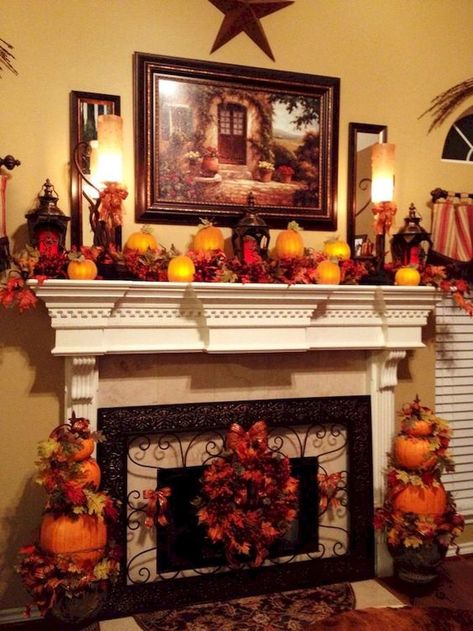 Stylish 30+ Unique Mantel Decoration Ideas For Fall Season Decorating Fireplace Mantel, Fireplace Fall Decor, Decorating Fireplace, Fall Decor Ideas For Living Room, Fall Fireplace Decor, Fall Mantle Decor, Fall Fireplace, Mantel Design, Fall Mantle