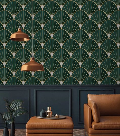 Art Deco Dark Green Wallpaper Fans Peel and Stick Removable or | Etsy Art Deco Office, Art Deco Homes, Dark Green Wallpaper, Dark Green Walls, Art Deco Living Room, Green Art Deco, Art Deco Wallpaper, Art Deco Home, Estilo Art Deco