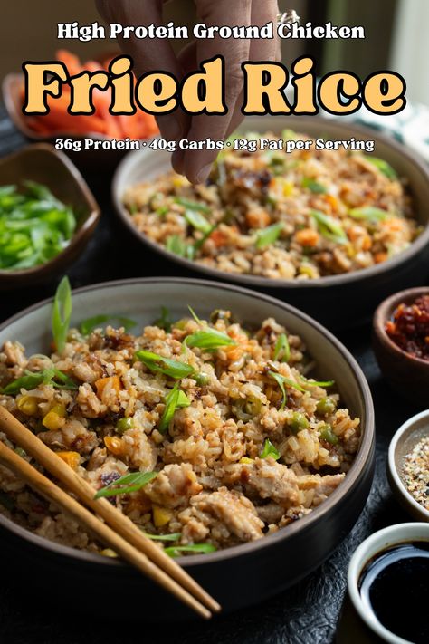 An easy ground chicken fried rice recipe to keep you full with 32 grams of protein and only 12 grams of fat, 40 grams of carbs, and 385 calories per serving. Ground Chicken Fried Rice, Protein Chicken Fried Rice, Recipe For Chicken Fried Rice, Frozen Rice, 400 Calorie Dinner, Low Carb Potatoes, Rice And Veggies, Chicken Fried Rice Recipe, Roasted Radishes