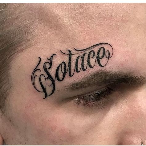 Letteringcartel’s Instagram post: “Solace by @justinburnouttattoos based in the UK. #tattoolettering #customtattoo #customlettering #customscript #tattoo #tattooscript…” Script Face Tattoo, Over The Eyebrow Tattoo, Tattoo Over Eyebrow, Solace Tattoo, Small Face Tattoos, Eyebrow Tattoos, Becoming A Tattoo Artist, Writing Tattoos, Small Face