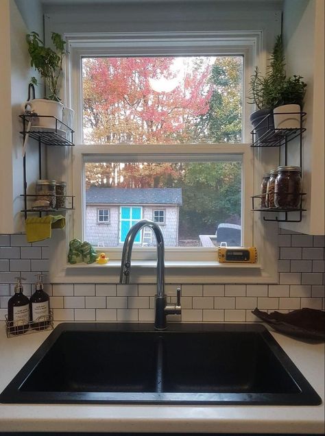 Over The Sink Decor With Window, Shelf For Kitchen Window, Shelf On Kitchen Window, Diy Shelves Over Kitchen Sink, Landscape Ideas Cheap Simple, Plant Shelf Above Sink, Kitchen Window Shelves Farmhouse, Window Above Sink Decor, Kitchen Sink Window Decor Ideas