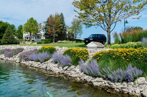 Plants For Lake Shoreline, Riprap Landscape Design, Lake Edge Landscaping, Lake Landscaping Ideas, Lake Shoreline Ideas, River Bank Landscaping, Lake Shore Landscaping Ideas, Lake Front Landscaping, Lake House Landscaping Ideas