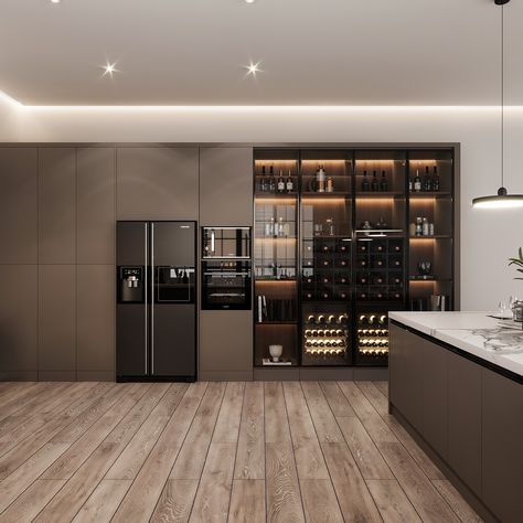 Kitchen Design With Wine Fridge, Floor To Ceiling Wine Fridge, Kitchen With Side By Side Fridge, Integrated Kitchen, Show Kitchen, Modern Wine Fridge, Large Wine Fridge, Wine Fridge Standalone, Modern Kitchen Bar