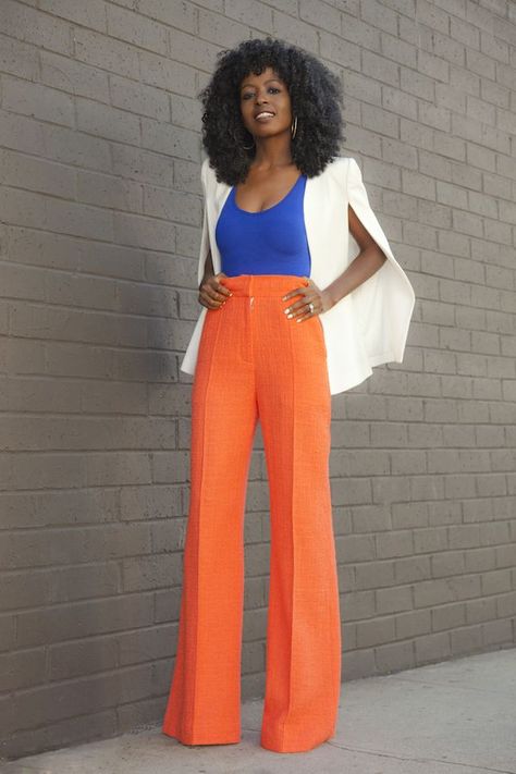 High Waisted Pants Outfits-20 Ways To Wear High Waisted Pants Orange Wide Pants Outfit, Colourful Fits, Blazer Bodysuit, Orange Pants Outfit, Pantalon Orange, Anniversary Outfit, High Waisted Pants Outfit, Cape Blazer, Style Pantry