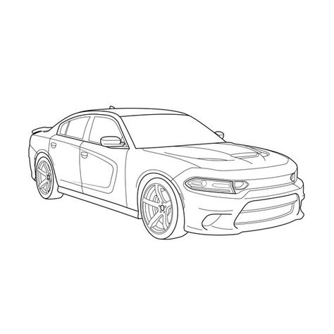 Hellcat Drawing, Charger Art, Line Drawing Illustration, Charger Hellcat, Dodge Charger Hellcat, Charger Rt, Charger Srt, Car Drawing, Vector Line